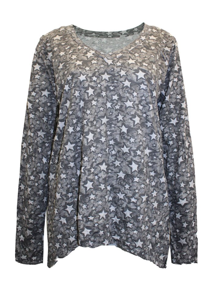 GREY Cotton Blend Star Print Hanky Hem Crinkle Tunic Size 10 - 28 - Image 1