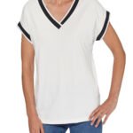 IVORY Contrast Trim V-Neck Top Size 12 - 28