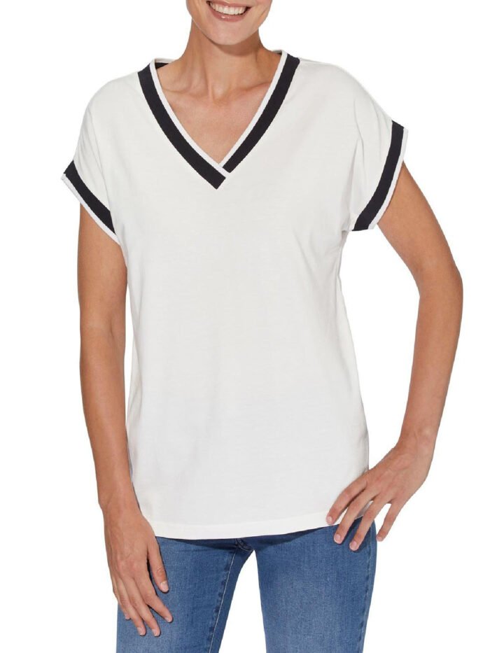IVORY Contrast Trim V-Neck Top Size 12 - 28 - Image 1