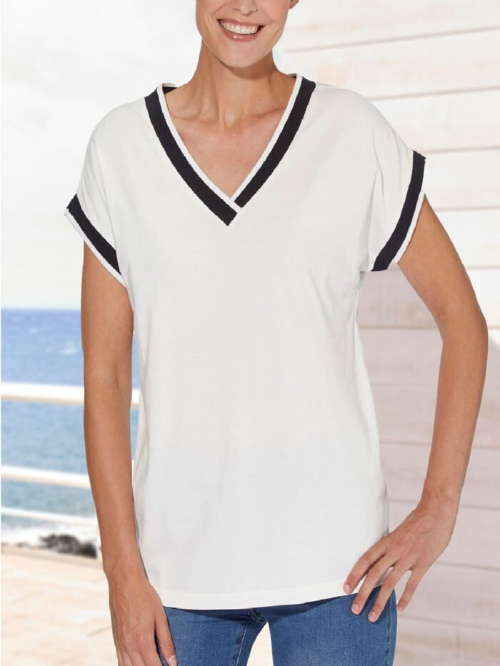 IVORY Contrast Trim V-Neck Top Size 12 - 28 - Image 5