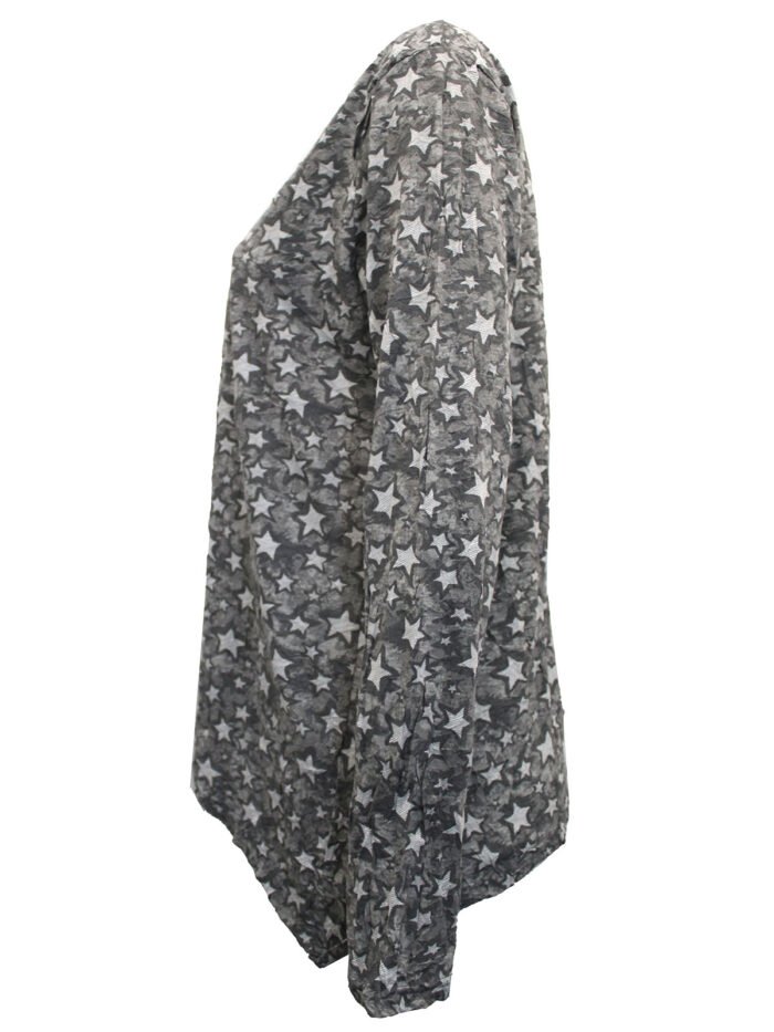 GREY Cotton Blend Star Print Hanky Hem Crinkle Tunic Size 10 - 28 - Image 4
