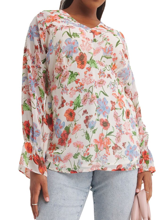 IVORY Floral Print V-Neck Long Sleeve Chiffon Blouse Size 16 - 30 - Image 1