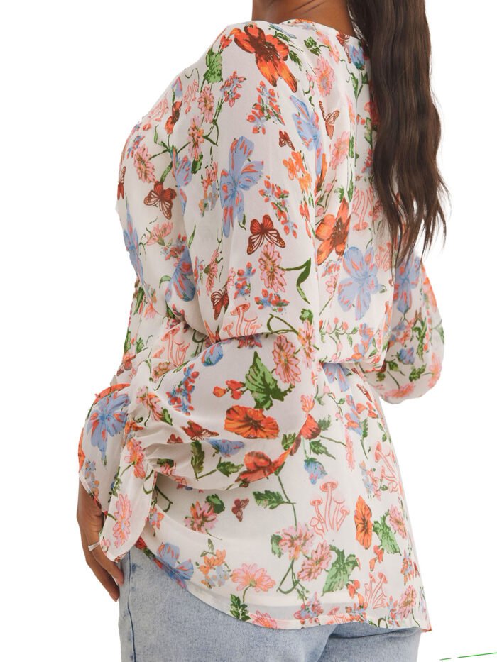IVORY Floral Print V-Neck Long Sleeve Chiffon Blouse Size 16 - 30 - Image 6