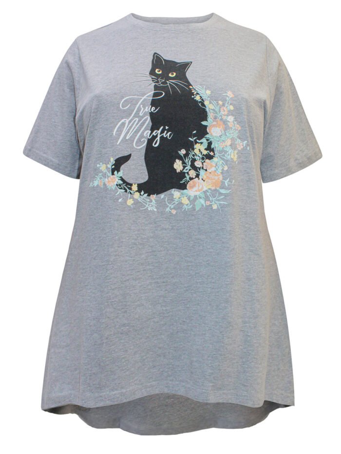 GREY Cotton Rich Floral Cat Print Top Size 14 - 24 - Image 1