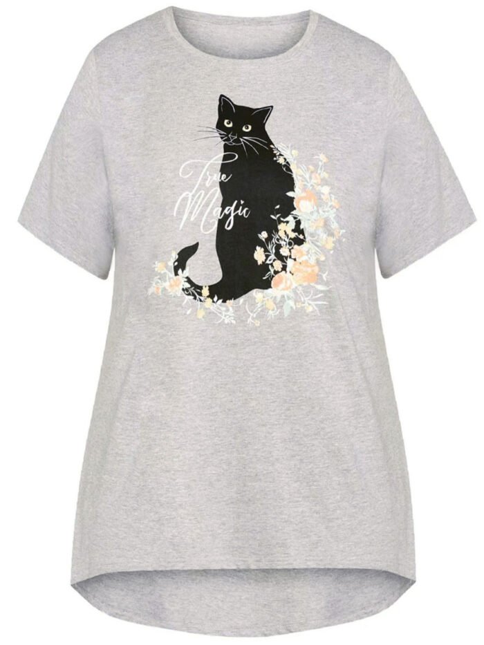 GREY Cotton Rich Floral Cat Print Top Size 14 - 24 - Image 5