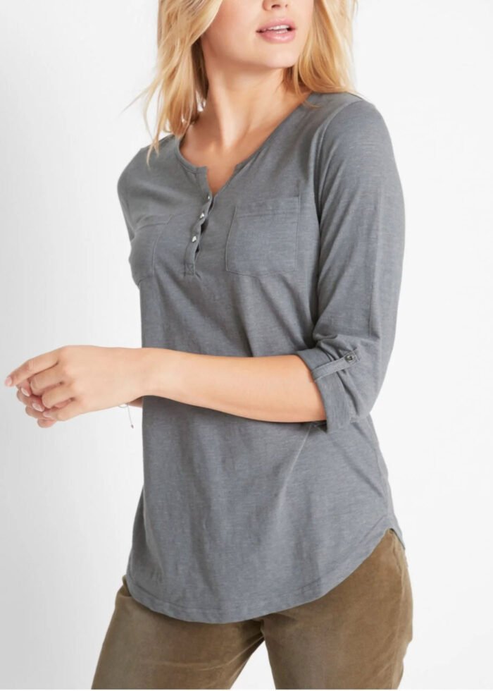 GREY Cotton Rich Roll Sleeve Henley Top Size 10 -32 - Image 2