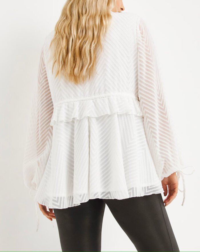 IVORY Jacquard Tie Front Long Sleeve V-Neck Smock Top 18 - 24 - Image 2