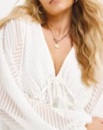 IVORY Jacquard Tie Front Long Sleeve V-Neck Smock Top 18 - 24 - Image 3