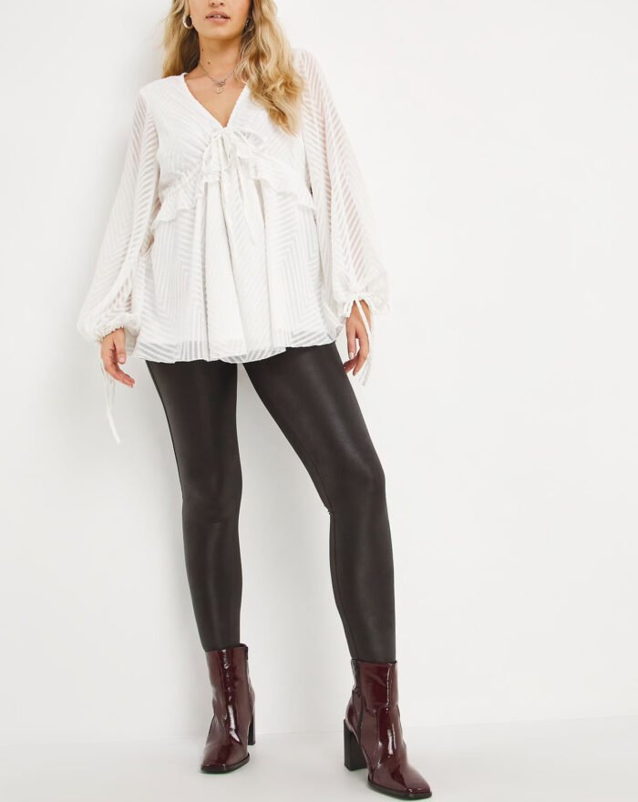 IVORY Jacquard Tie Front Long Sleeve V-Neck Smock Top 18 - 24 - Image 4