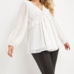 IVORY Jacquard Tie Front Long Sleeve V-Neck Smock Top 18 - 24
