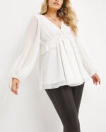 IVORY Jacquard Tie Front Long Sleeve V-Neck Smock Top 18 - 24
