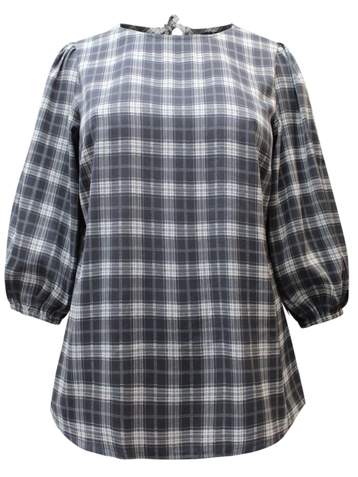 GREY Check Print Blouson Sleeve Top Size 16 - 18 - Image 1