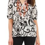 IVORY Contrast Embroidered Tassel Tie Top Size 16 -26