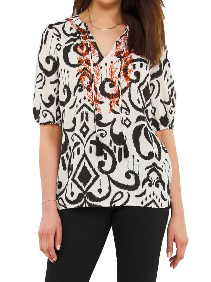 IVORY Contrast Embroidered Tassel Tie Top Size 16 -26 - Image 1